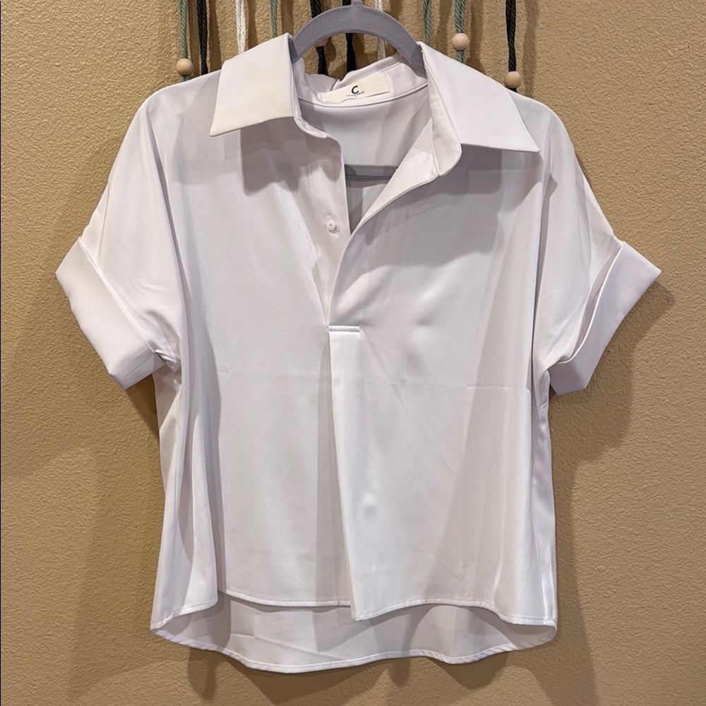 Commense White Boxy Button Down Shirt with Notched Collar